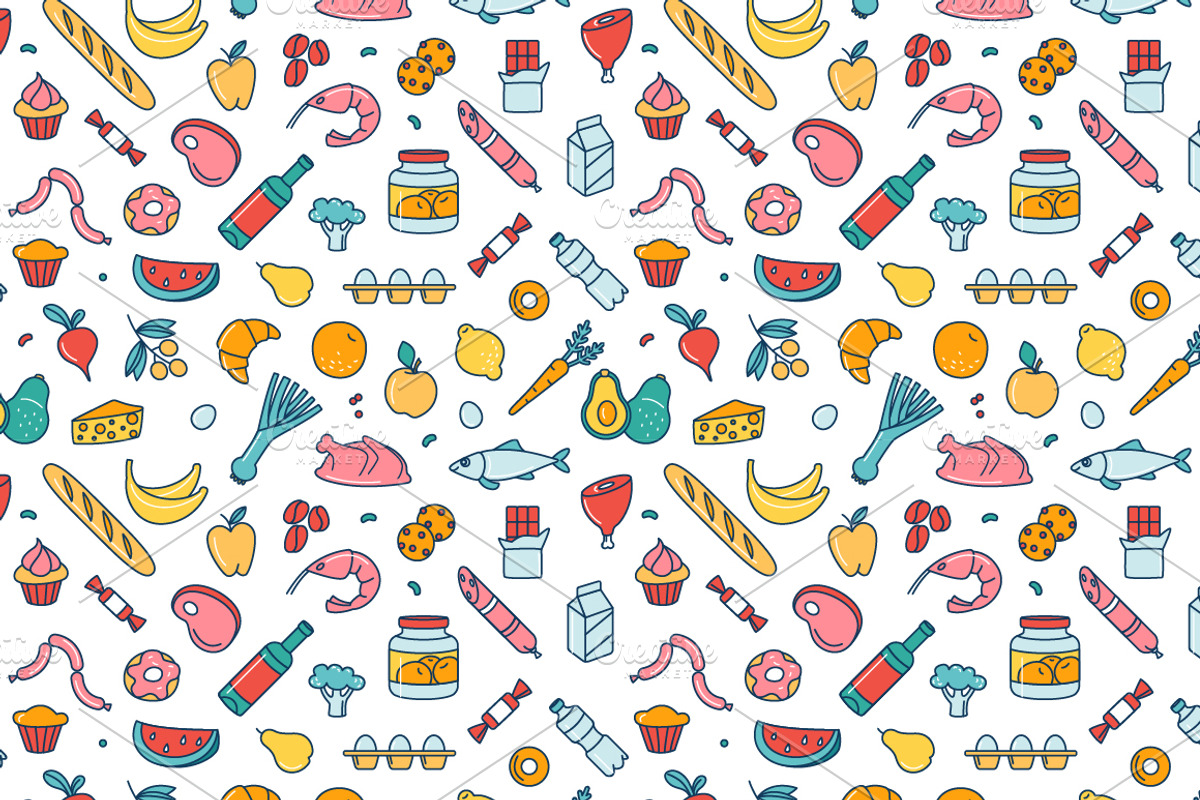 Grocery icons, patterns and borders, a Food Illustration by VasilkovS (Photo 2 of 10)