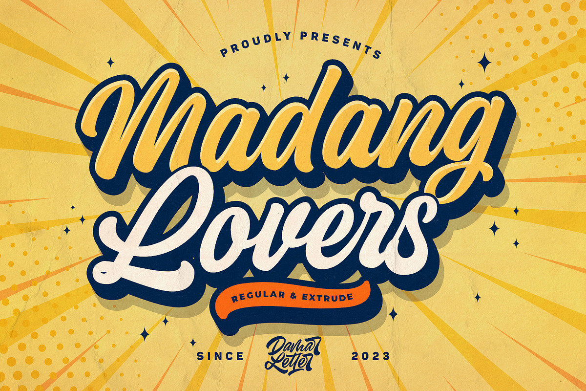 Madang Lovers - Regular & Extrude, a Script Font by Damarletter (Photo 1 of 5)