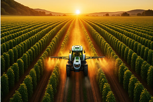 A tractor sprays crops in a vast, a Technology Illustration by Sergey Kotenev