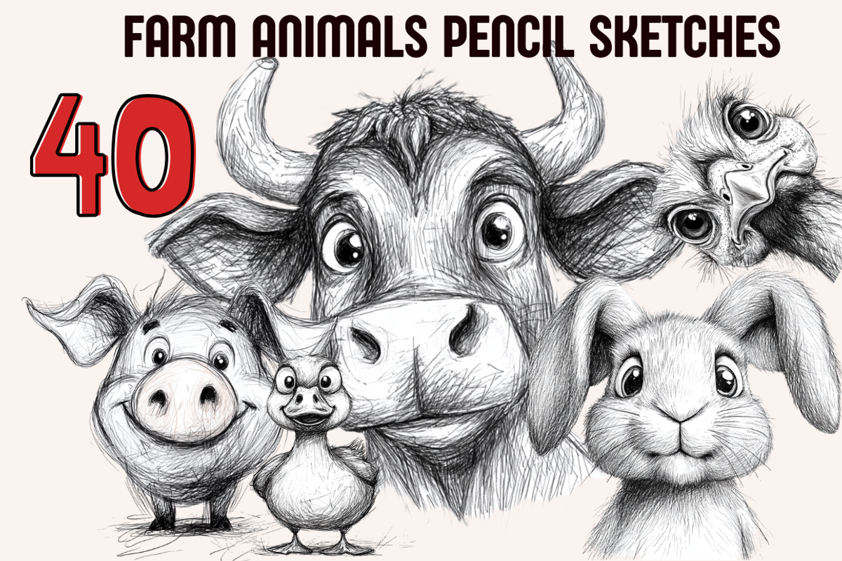 Farm Animals Pencil Sketches, an Animal Illustration by PrintHaven Designs (Photo 1 of 10)