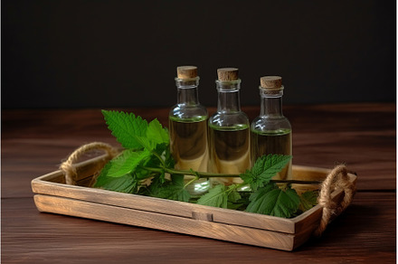 Organic oil glass bottles on wooden, a Nature Photo by Ylivdesign