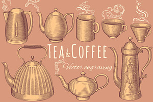 Set Tea & Coffee. Vector Engraving.