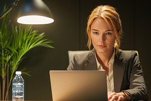 Businesswoman working late at desk, a Photo by Beautiful things