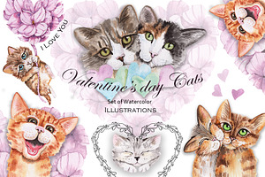Valentine's Day Watercolor Cats