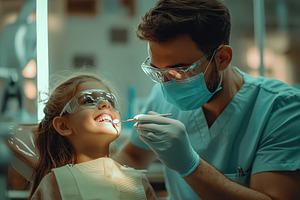 Photo of a child girl sitting in a dental chair and male dentist treating her t, a Health & Medical Photo by AlyaAnd