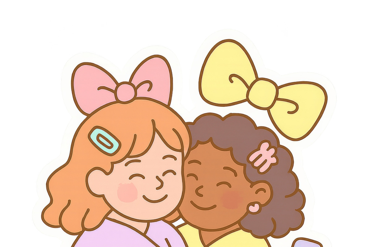 Two girls hugging surrounded by scho, an Illustration by Dvoevnore photos