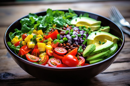 Healthy salad with avocado, tomatoes, a Photo by Iftikhar Alam