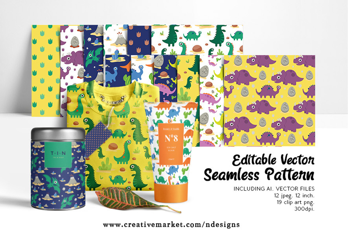 Dinosaur Seamless Pattern, Editable, a Pattern Graphic by NDesigns (Photo 1 of 4)