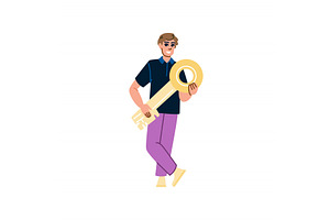 Smiling man holding a giant gold key, a Finance Illustration by pikepicture