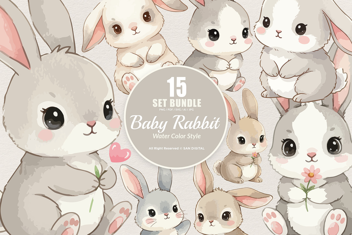 15 Bundle Watercolor Baby Rabbit, an Animal Illustration by Morspective (Photo 1 of 8)
