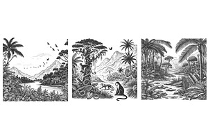 Jungle Landscape engraving set, an Object Illustration by AlexArt