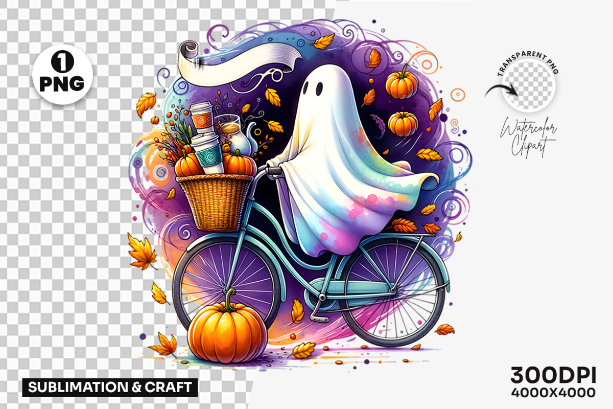 Hello Fall Ghost Bicycle Pumpkin PNG, a Seasonal Illustration by Creative Arslan (Photo 1 of 3)