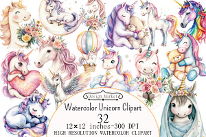 Watercolor Unicorn Clipart, a Seasonal Illustration by Design Market