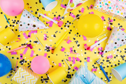 Birthday party attributes. Colorful balls, confetti, gifts, pape, a Holiday Photo by matucha