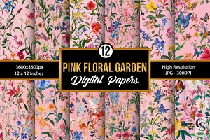 Pink Floral Garden Digital Papers, a Pattern Graphic by Creative Store
