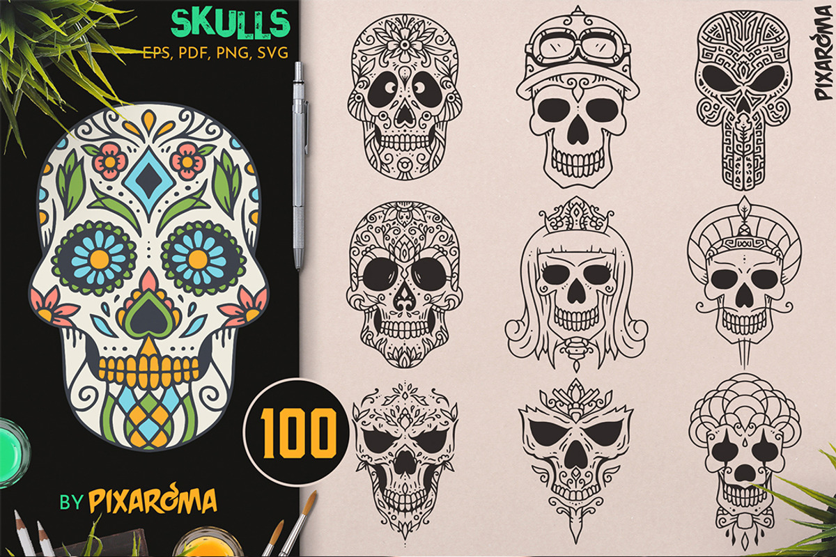 100 Decorative Vector Skulls, a Decorative Illustration by pixaroma (Photo 37 of 37)