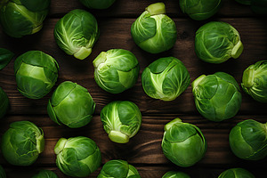 Fresh brussels sprouts on wooden background, a Food & Drink Photo by AlyaAnd