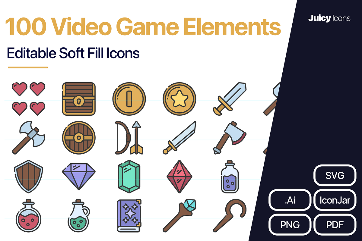 100 Video Game Elements Icons, an Outline Icon by Juicy Icons (Photo 1 of 6)