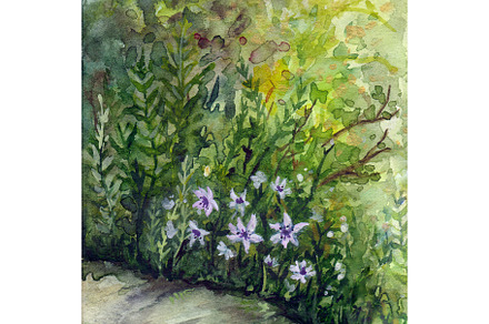 Forest flower glade watercolor art