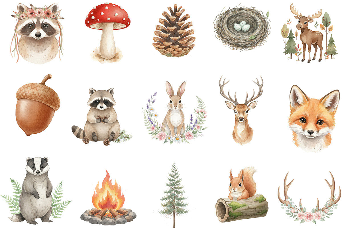 Watercolor Forest Woodland Clipart, an Illustration by Designking (Photo 2 of 5)
