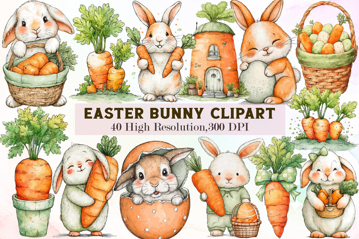 Watercolor Easter Bunny Clipart, an Illustration by Sublimation Artist (Photo 1 of 7)