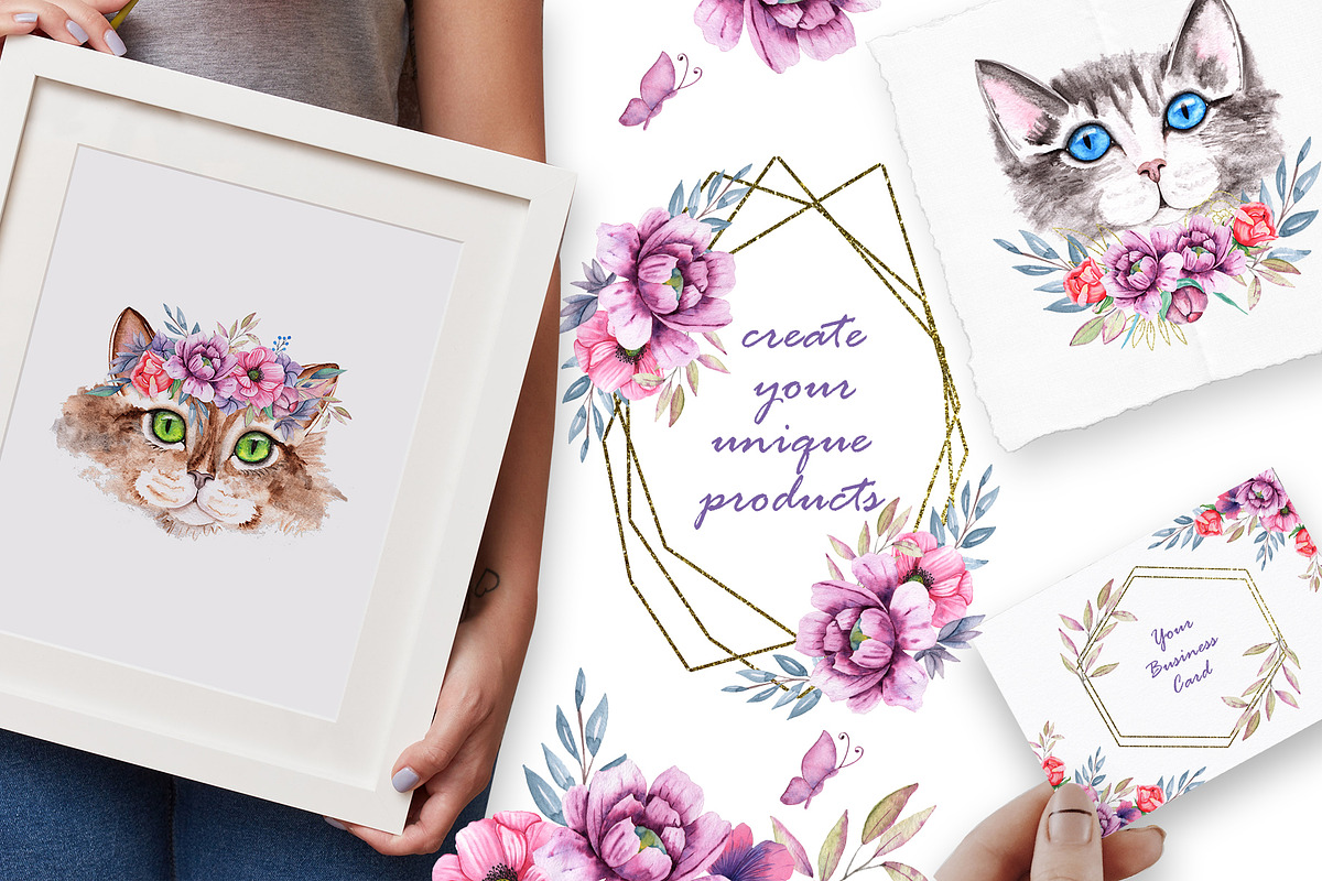 Watercolor Cats and Flowers, an Illustration by TanataDesign (Photo 10 of 13)