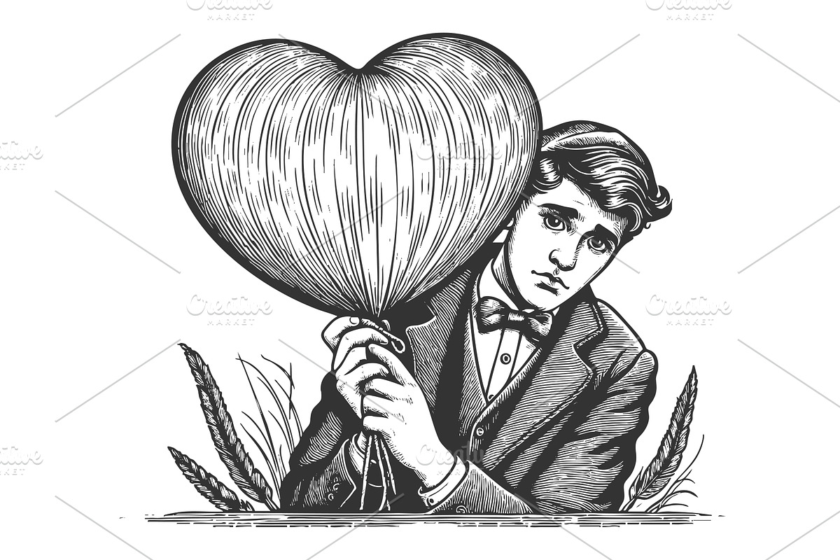 Shy man holding heart balloon vector, a Person Illustration by AlexArt