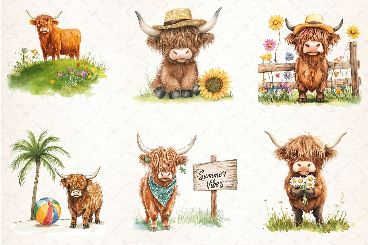 Summer Highland cow clipart Set, an Illustration by DreamCafeArt (Photo 2 of 5)
