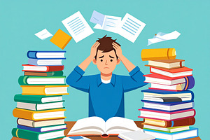 Stressed student surrounded by books and papers, an Education Illustration by DanFLCreativo