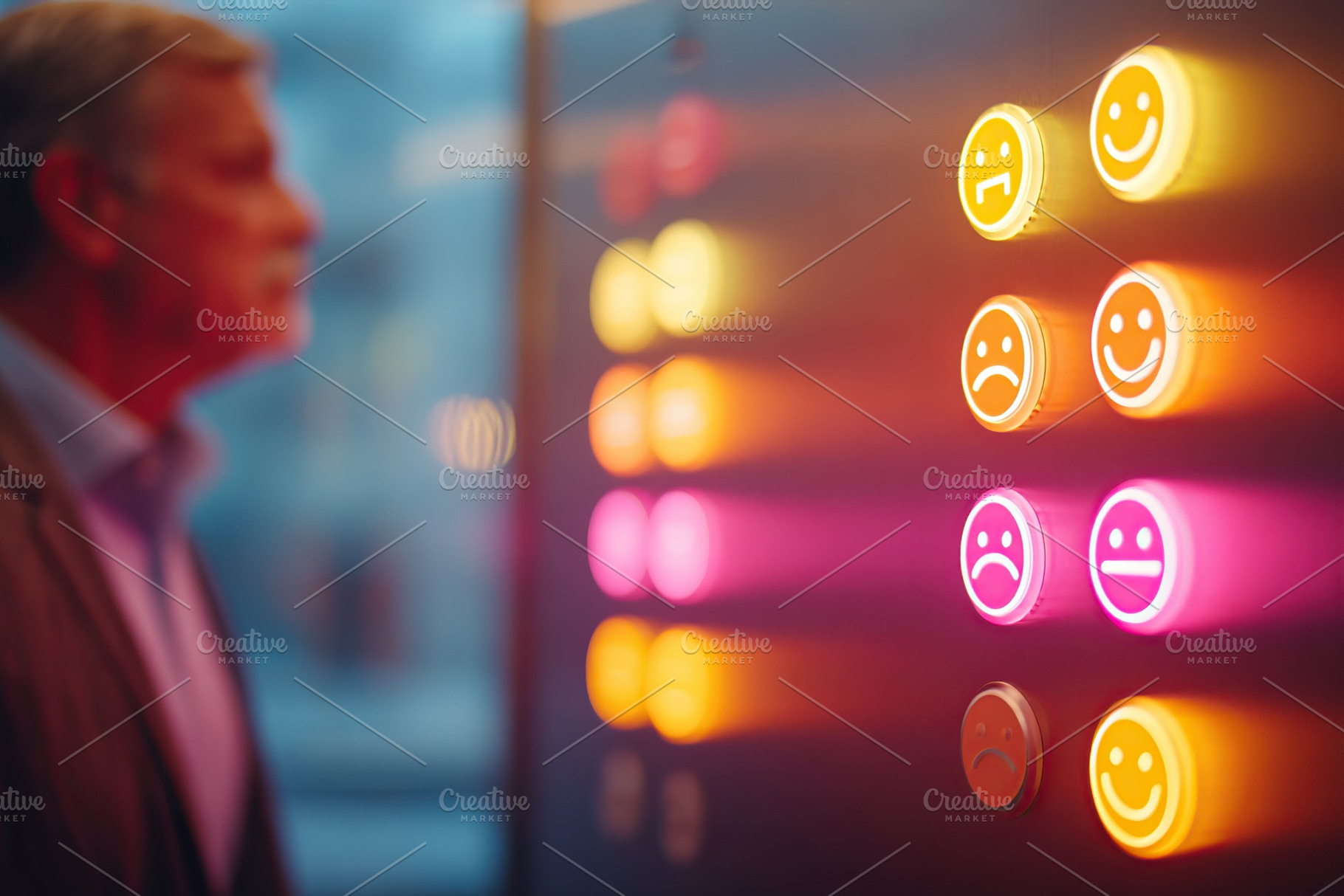 Glowingly illuminated buttons express emotions in a modern elevator setting dur, a Photo by AlyaAnd
