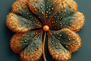 Ornate golden and teal eight leaf clover with intricate textures, a Nature Photo by José Manuel Gelpi
