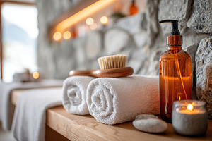 Serene spa setting with towels and candles, a Health & Medical Photo by AlyaAnd