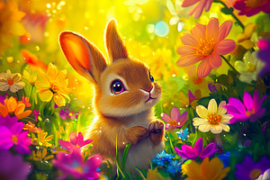 Bunny in a Colorful Flower Field, an Animal Photo by Ales Munt