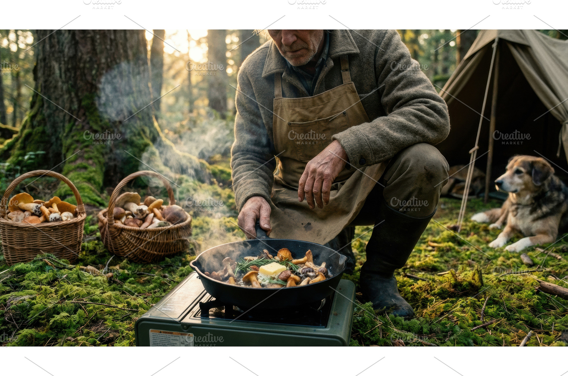 Older man in a canvas apron cooks, a Nature Photo by Igor Tichonow