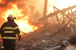 Firefighters respond to massive industrial fire with intense fla, a Photo by Dvoevnore photos