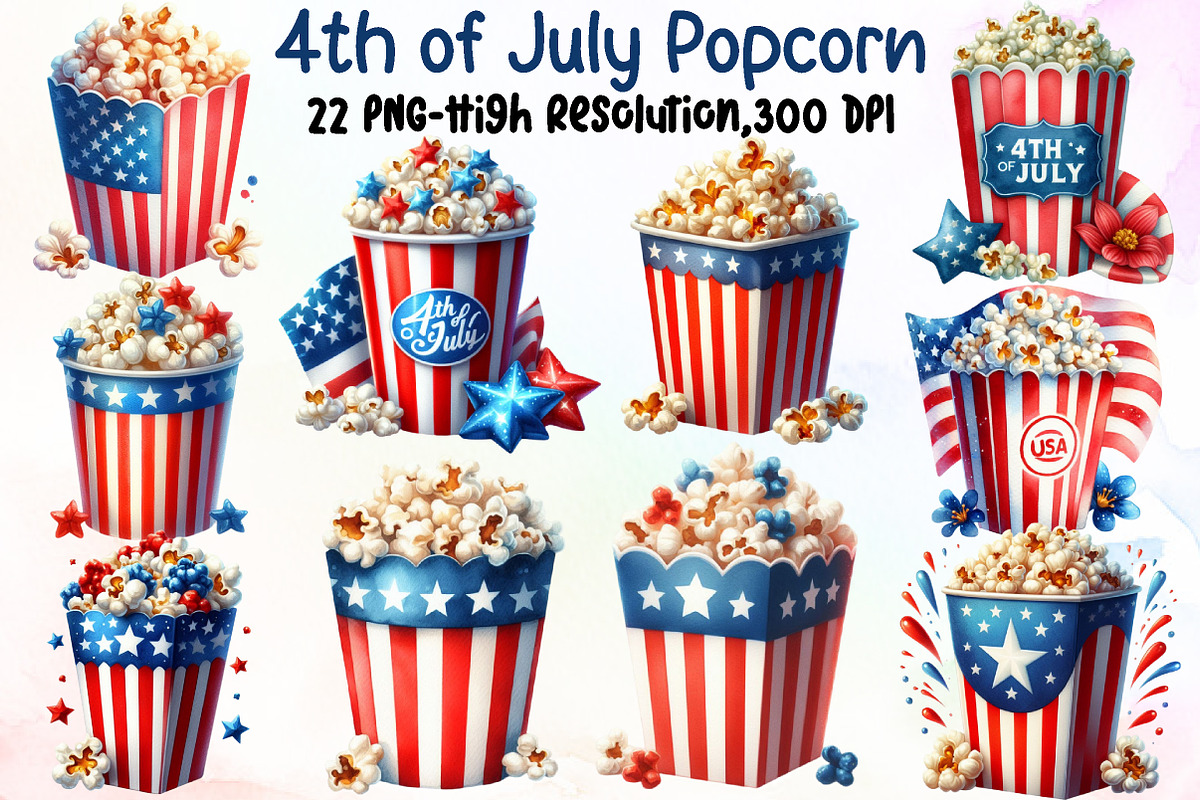 Watercolor 4th of July Popcorn Clipa, an Illustration by Sublimation Artist (Photo 1 of 6)