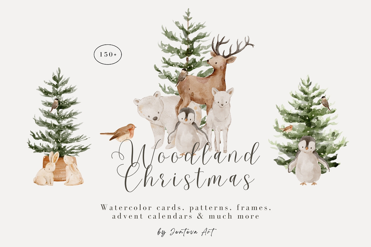 Watercolor Woodland Christmas, an Animal Illustration by Jenteva Art (Photo 1 of 14)