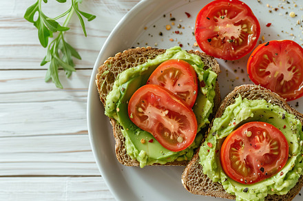 Toast bread with avocado puree and tomatoes. Vegetarian food., a Food & Drink Photo by AlyaAnd
