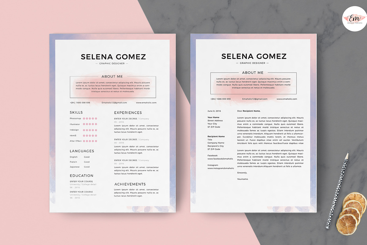 Watercolor Theme Resume Template, a Resume Template by Emaholic Template (Photo 3 of 4)