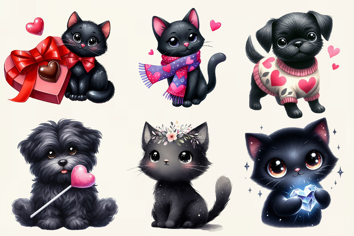 Whimsical Valentine Black Dog & Cat, an Illustration by DreamCafeArt (Photo 6 of 6)