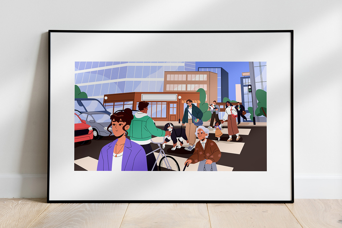 People walk on city street crosswalk, a Person Illustration by PaperTrident (Photo 3 of 3)
