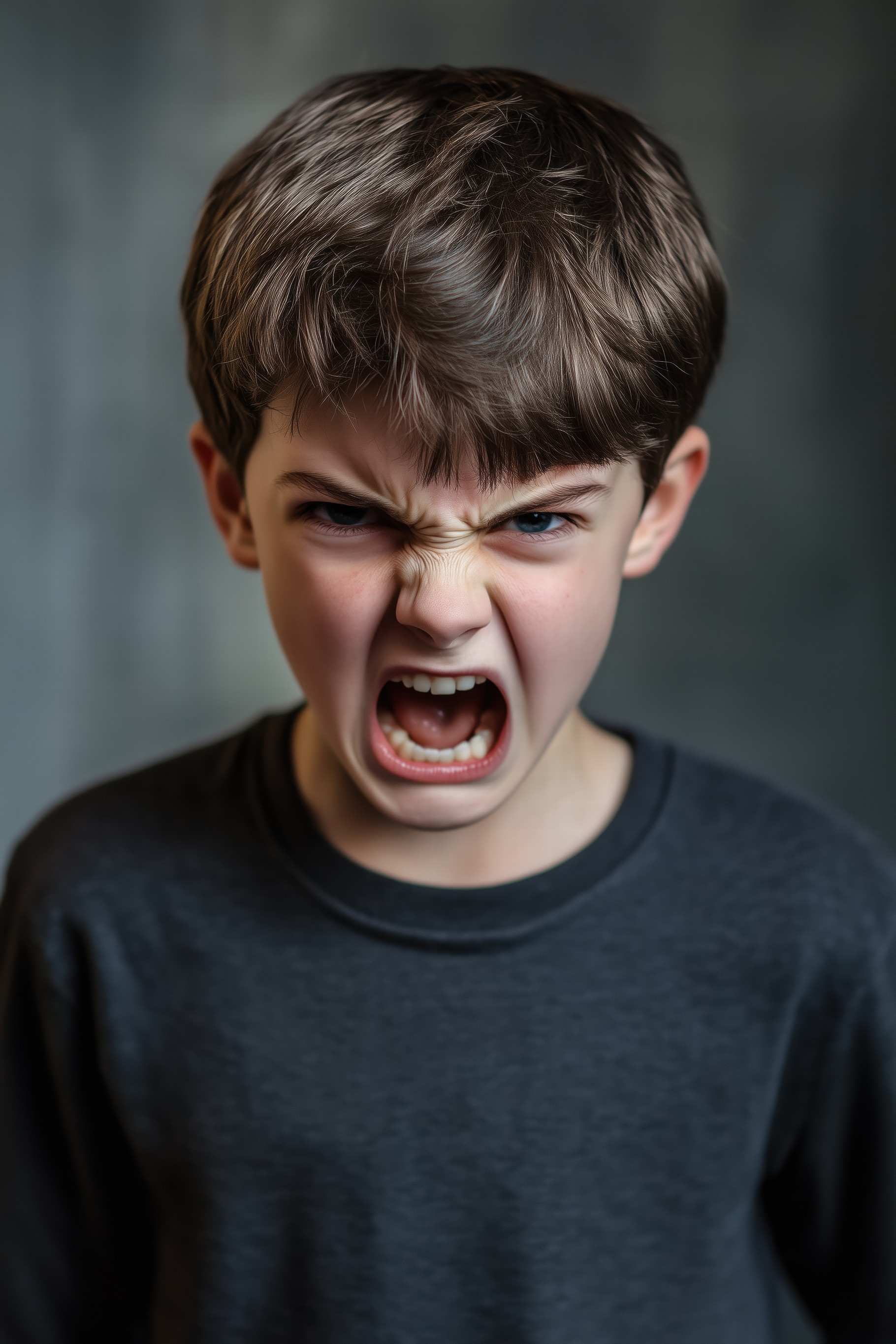 A young boy with short brown hair is expressing anger, his face ...