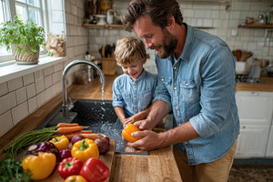 Father and son washing vegetables in, a Photo by Pixeness Studio