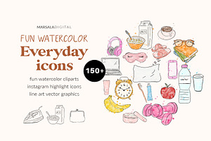 Everyday Icons Watercolor Line Art