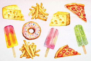 Watercolor Fast Food Vector Set, a Food Illustration by Deckar_art