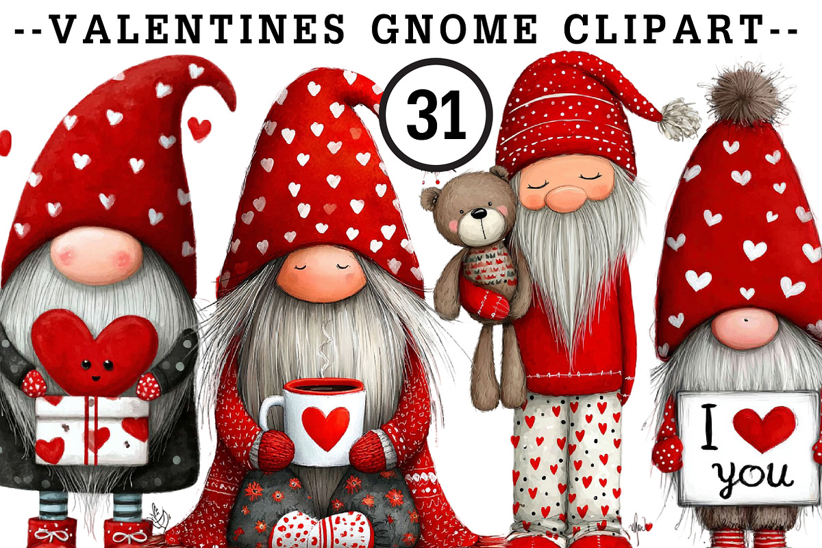 Watercolor Valentines Gnome Clipart, an Illustration by CreationArt (Photo 1 of 5)