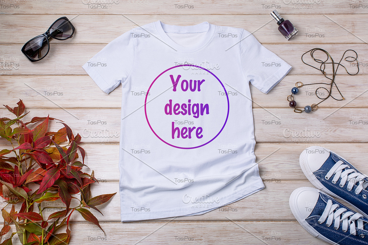 T-shirt mockup with blue sneakers., a Print Template by TasiPas (Photo 1 of 4)
