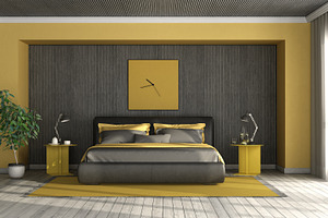 Black and yellow modern master bedro