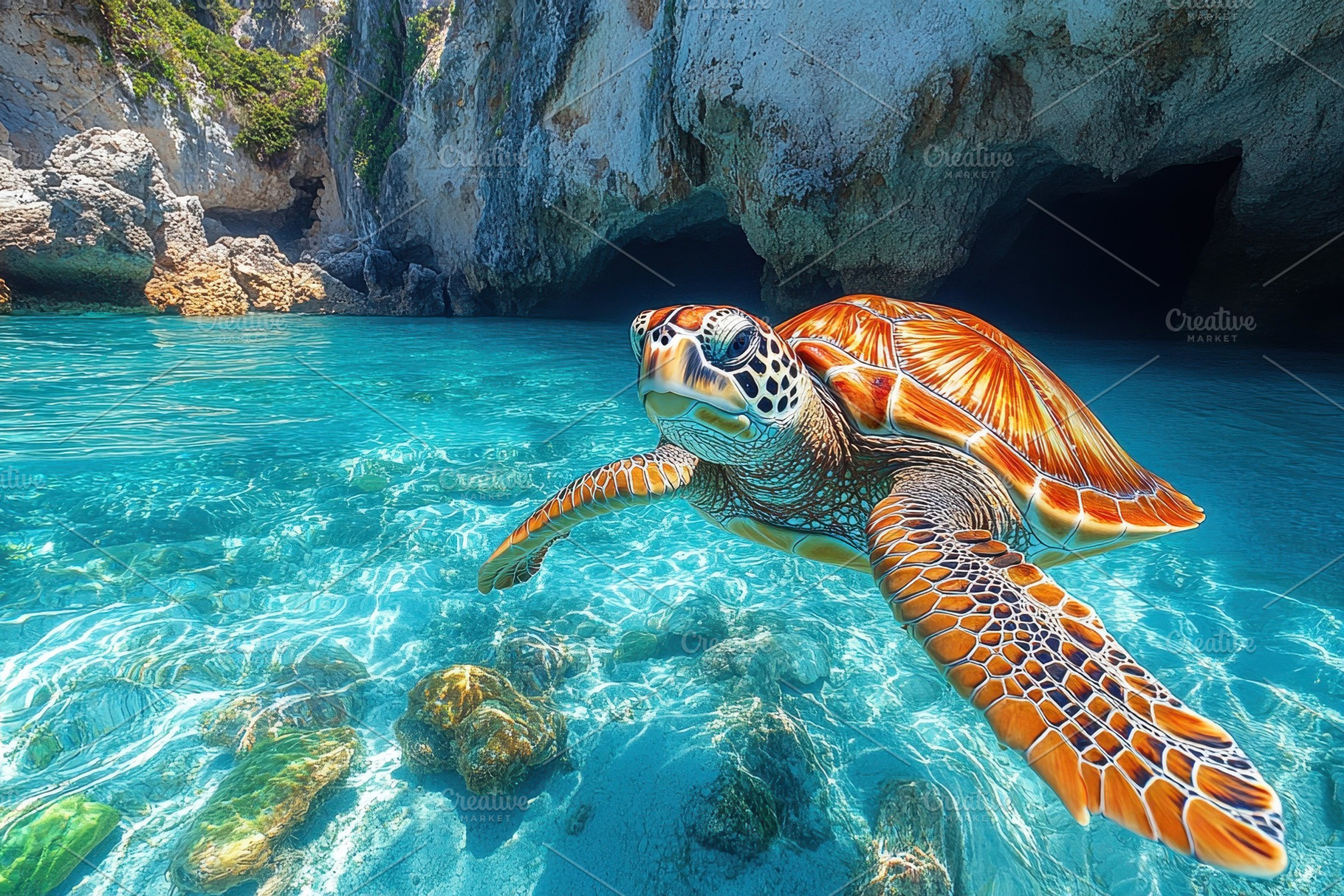 Underwater view of a sea turtle swim, a Photo by Tanuart