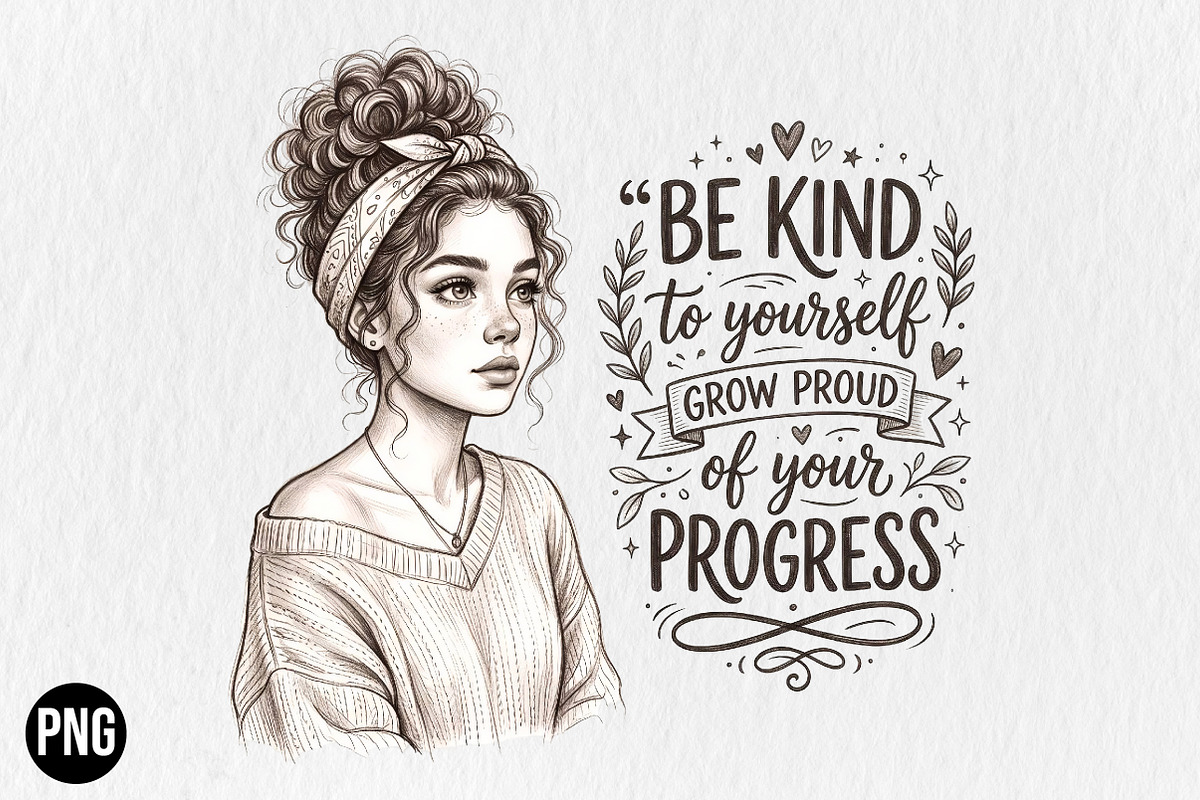 Be Kind to Yourself Messy Bun Girl, a Seasonal Illustration by CraftArtStudio (Photo 1 of 4)